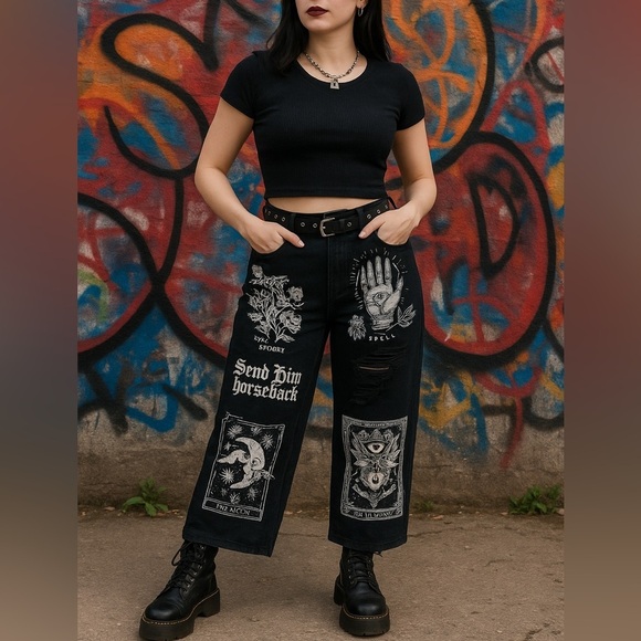 ROMWE Women’s Grafitti Print Wide Leg Ankle Jeans Size 2 Casual Distressed Retro - Picture 8 of 8